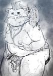  2018 anthro balls belly blush boar gouryou japanese_text male mammal mohawk moobs nipples overweight overweight_male penis porcine solo sweat text tokyo_afterschool_summoners torikick tusks 