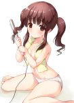  bangs barefoot blunt_bangs blush breasts brown_eyes brown_hair cleavage collar curling_iron eyebrows_visible_through_hair green_towel highres holding idolmaster idolmaster_cinderella_girls kuroba_aki long_hair navel ogata_chieri panties shiny shiny_hair sidelocks simple_background sitting small_breasts smile solo topless towel towel_around_neck twintails underwear wariza white_background white_panties 