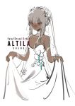 altera_(fate) alternate_costume armlet bangs bare_arms bare_shoulders blush bracelet breasts character_name choker cleavage closed_mouth collarbone commentary_request copyright_name dark_skin dress fate/extella fate/extra fate/grand_order fate_(series) feet_out_of_frame flower headdress jewelry long_dress long_hair looking_down red_eyes shenq simple_background sleeveless sleeveless_dress small_breasts solo strapless strapless_dress tan tattoo tied_hair veil white_background white_choker white_dress white_hair 