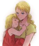  bare_arms blonde_hair blue_eyes carrying closed_eyes dress eyebrows_visible_through_hair fullmetal_alchemist gradient gradient_background green_shirt happy hug light_smile long_hair looking_down mother_and_daughter multiple_girls pink_dress riru sara_rockbell shirt short_hair simple_background sleeveless sleeveless_dress smile upper_body white_background winry_rockbell younger 