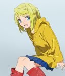  :d blonde_hair blue_eyes blue_skirt boots eyebrows_visible_through_hair eyelashes fullmetal_alchemist grey_background happy looking_at_viewer open_mouth pink_footwear raincoat riru rubber_boots short_hair simple_background sitting skirt smile solo wet wet_clothes winry_rockbell younger 