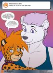  2018 anthro ask_blog bear breasts cheetah cleavage clothed clothing collar comic conditional_dnp duo dynamite_(kadath) eyeshadow feline female grey_eyes kadath lipstick makeup mammal piercing polar_bear purple_eyes spiked_collar spikes tumblr vera_korzynski 