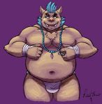  2017 anthro belly boar brown_fur bulge clothing fur gouryou humanoid_hands male mammal mohawk moobs navel overweight overweight_male porcine purple_background simple_background solo taoren tokyo_afterschool_summoners tusks underwear 