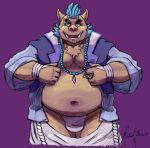  2017 anthro belly boar brown_fur bulge clothed clothing fur gouryou humanoid_hands male mammal mohawk moobs navel open_shirt overweight overweight_male pants porcine purple_background shirt simple_background solo taoren tokyo_afterschool_summoners tusks underwear 