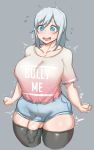  aqua_eyes black_legwear blue_shorts blush breasts clenched_hands clothes_writing collarbone curvy cutoffs denim denim_shorts embarrassed english flying_sweatdrops futanari high-waist_shorts highres large_breasts large_penis micro_shorts natedecock open_mouth original penis penis_in_thighhigh pink_shirt plump sagging_breasts shirt shirt_tucked_in short_hair short_sleeves shorts silver_hair standing sweat thick_thighs thighhighs thighs trembling uncensored veins veiny_penis wavy_mouth 