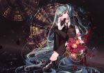  absurdly_long_hair aqua_eyes aqua_hair bad_perspective black_footwear black_pants black_vest bouquet chair dark_background elbow_on_knee flower foreshortening formal hatsune_miku highres initial kosanmaka long_hair long_sleeves looking_at_viewer necktie pants petals shiny shoes sitting solo suit twintails very_long_hair vest vocaloid 