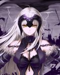  armor bare_shoulders between_breasts blonde_hair breasts chain closed_mouth cloud cloudy_sky commentary eyebrows_visible_through_hair fate/grand_order fate_(series) flag fur-trimmed_sleeves fur_trim gauntlets headpiece highres jeanne_d'arc_(alter)_(fate) jeanne_d'arc_(fate)_(all) lightning long_hair looking_at_viewer medium_breasts night revision serious silhouette sky solo_focus sony_kisaragi standard_bearer upper_body yellow_eyes 