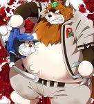  2013 angry anthro baseball_(sport) baseball_uniform belly blush canine cat clothing doraemon duo feline hat leaf male mammal navel nikiciy outie_navel overweight overweight_male pants pokoemon_(character) shirt sport tanuki uniform 