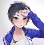  asian black_hair blue_eyes blue_jacket blush casey_(shining_star) collarbone eyebrows_visible_through_hair eyes gradient gradient_background grey_background hand_to_forehead highres idol jacket looking_at_viewer ohisashiburi parted_lips shining_star shirt short_hair simple_background solo sports_bra sweat track_jacket wet white_shirt 