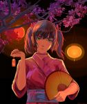  arsenixc bangs blunt_bangs cherry_blossoms closed_mouth collar dark_blue_hair dated fan hair_ornament harisen head_tilt highres holding holding_fan japanese_clothes kimono lantern looking_at_viewer multicolored multicolored_eyes original pink_kimono short_hair short_twintails solo twintails upper_body watermark wide_sleeves yukata 
