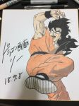  2018 black_eyes black_hair commentary_request dated dougi dragon_ball fighting_stance fingernails frown graphite_(medium) highres lee_(dragon_garou) long_hair looking_away male_focus marker_(medium) open_mouth photo shikishi traditional_media wristband yamcha 
