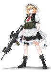  absurdres apron assault_rifle blonde_hair blue_eyes boots g36 g36_(girls_frontline) girls_frontline gloves gun highres macline maid maid_headdress military puffy_sleeves rifle solo utility_vest weapon white_background 