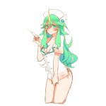  1girl alternate_costume alternate_eye_color alternate_hair_color blush breasts cleavage fluffy_ears green_hair magical_girl nurse nurse_cape pointy_ears shy soraka star_guardian_soraka 