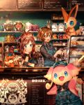  1girl ahoge alcohol antenna_hair apron arm_up artist_name audino bad_id bad_pixiv_id bag bangs black_eyes black_neckwear black_shirt blue_apron blue_eyes blue_hat blush bottle bread brown_eyes brown_hair cafe cake chalkboard chin_rest closed_mouth clothed_pokemon coffee coffee_maker_(object) commentary_request counter cup cupcake drinking_glass eating employee_uniform english flour food gen_5_pokemon hand_up hands_up happy hat high_ponytail holding honey honey_dipper indoors jam jar kettle long_sleeves looking_at_another looking_at_viewer menu_board naru_(andante) neckerchief open_mouth overalls paper_bag patrat pokemon pokemon_(game) pokemon_bw ponytail red_sclera sandwich shelf shiny shiny_hair shirt short_hair signature sitting smile spoon standing string_of_flags teeth tied_hair touko_(pokemon) touya_(pokemon) uniform victini wristband 