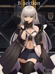  assault_rifle bare_shoulders braid breasts character_name cleavage cleavage_cutout cowboy_shot eruthika girls_frontline green_eyes gun heckler_&amp;_koch highres hk416 hk416_(girls_frontline) long_hair looking_at_viewer miniskirt navel pleated_skirt rifle silver_hair skindentation skirt solo thighhighs weapon zettai_ryouiki 