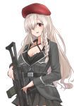  beret braid breasts cleavage g36c g36c_(girls_frontline) girls_frontline gun hair_over_one_eye hat highres holding holding_gun holding_weapon long_hair macline red_eyes single_braid solo weapon white_background white_hair 