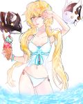  drone elsword eve_(elsword) facial_mark food hand_on_own_face highres ice_cream long_hair moby_(elsword) one_eye_closed remy_(elsword) sparkle sulleah swimsuit water 