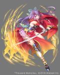  absurdres blue_bow bow breasts cape copyright_name fighting_stance footwear_request full_body greaves grey_background hair_bow hair_ornament highres holding holding_sword holding_weapon katana long_hair looking_at_viewer medium_breasts navel official_art purple_eyes purple_hair red_cape skirt slashing solo standing standing_on_one_leg sword takamiya_ren tassel thigh_strap thighhighs thousand_memories very_long_hair weapon white_legwear white_skirt 