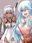  altera_(fate) armpits artemis_(fate/grand_order) bangs bare_shoulders bear blue_eyes blunt_bangs breasts choker cleavage closed_mouth club collarbone commentary_request dark_skin detached_sleeves eyebrows_visible_through_hair fate/grand_order fate_(series) haura_akitoshi headdress holding holding_sword holding_weapon jewelry large_breasts light_blue_hair long_hair looking_at_viewer multiple_girls one_eye_closed open_mouth orion_(fate/grand_order) photon_ray red_eyes short_hair simple_background small_breasts sweatdrop sword tan tears veil weapon white_hair 