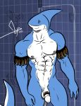  2013 abs anthro bathroom bgn biceps black_eyes circumcised fish flaccid great_white_shark humanoid_penis male marine muscular muscular_male navel nipples nude penis rex_(bgn) shark shower smile solo standing tattoo white_penis white_skin 