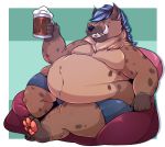  2016 alcohol anthro bean_bag beer belly beverage big_belly brown_fur bulge clothing eyes_closed fur gnoll happy hyena male mammal navel obese open_mouth oreocakes overweight overweight_male pawpads paws simple_background sitting smile solo spots spotted_fur tan_fur teeth tusks underwear 