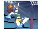  1girl blue_eyes boxing_gloves brown_hair furry light rabbit shoes short_hair shorts sneakers solo sweating tank_top unousaya 