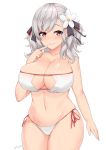  arm_at_side bikini breasts cleavage commentary_request cowboy_shot eyebrows_visible_through_hair eyepatch_bikini finger_to_mouth flower girls_frontline hair_flower hair_ornament hair_ribbon kuavera large_breasts looking_at_viewer medium_hair navel red_eyes ribbon side-tie_bikini simple_background smile solo spas-12_(girls_frontline) swimsuit thighs two_side_up white_bikini 
