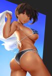  alternate_costume armpits ass bare_shoulders bikini blue_bikini blue_sky breasts brown_eyes brown_hair butt_crack commentary cowboy_shot day eyebrows_visible_through_hair hair_between_eyes highres kaga_(kantai_collection) kantai_collection large_breasts long_hair o-ring o-ring_bottom parted_lips side_ponytail sideboob sky solo standing strap_gap swimsuit towel translated underboob wa_(genryusui) 