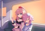  blonde_hair blue_eyes blush breasts cellphone choker cleavage d-pad d-pad_hair_ornament hair_bobbles hair_ornament highres holding holding_cellphone holding_phone hood hooded_jacket jacket jijey long_hair medium_breasts multiple_girls neptune_(choujigen_game_neptune) neptune_(series) older phone pish ponytail purple_hair short_hair sitting sleeping sleeping_upright small_breasts sunset 