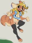  2018 anthro blonde_hair bottomless breasts canine cleavage clothed clothing female fennec fox fur hair legwear mammal open_mouth paws pussy reign-2004 shirt simple_background smile solo stockings tan_fur toeless_stockings tongue 