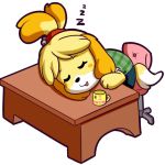  2018 alpha_channel anibaruthecat animal_crossing anthro black_nose canine chair clothed clothing cup dog english_text eyes_closed female hair isabelle_(animal_crossing) mammal nintendo shih_tzu simple_background sleeping solo sound_effects text transparent_background video_games zzz 