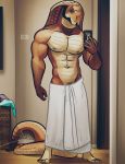  abs anthro bedroom bgn biceps big_muscles brown_eyes brown_skin cellphone cobra facial_hair goatee holding_object holding_phone laundry male markings memphis mirror muscular muscular_male naked_towel navel nipples pecs phone presenting reptile scalie selfie sideburns smile snake snake_hood solo standing towel 
