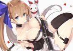 ahoge arm_warmers bangs bare_shoulders battle_rifle black_legwear blonde_hair blue_bow blue_eyes blush bow breast_press breasts choker cleavage commentary_request detached_sleeves dress dutch_angle eyebrows_visible_through_hair eyelashes fal_(girls_frontline) fn_fal from_above girls_frontline gun holding holding_weapon large_breasts long_hair looking_at_viewer open_mouth ribbon rifle shiny shiny_clothes shiny_skin short_dress side_ponytail simple_background single_thighhigh sitting solo thigh_strap thighhighs thighs v very_long_hair weapon white_background white_dress yuzu-aki 