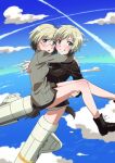  arms_around_neck blonde_hair blue_eyes boots brown_hair carrying commentary dog_tail erica_hartmann flying glasses grin highres long_sleeves looking_at_viewer military military_uniform multicolored_hair multiple_girls naguramu no_pants open_mouth princess_carry short_hair siblings sisters smile strike_witches striker_unit tail twins twitter_username two-tone_hair uniform ursula_hartmann world_witches_series 