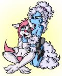  2018 anthro breasts canine crossed_legs cuddling cybernetics cyborg dipstick_tail driprat duo female female/female fur hair half-closed_eyes hi_res kneeling looking_up machine mammal multicolored_tail navel nipples nude one_eye_closed pink_hair pubes simple_background sitting smile spots unknown_species white_fur white_hair wolf 