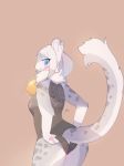  2018 anthro bell blue_eye&#039;s blue_eyes blush brown_background butt clothed clothing electrycpynk feline female hair leopard long_tail mammal neck_tuft open_mouth signature simple_background snow_leopard solo standing tuft 