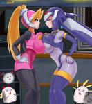  2girls android aqua_eyes bangs blonde_hair blue_eyes blush breasts capcom ciel_(rockman) etrical_docking gloves hair_between_eyes hand_on_hip headgear helmet high_ponytail huge_breasts leviathan_(rockman) long_hair miniskirt multiple_girls pantyhose ponytail profile rockman rockman_zero skirt thighhighs tumother white_gloves 