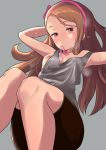  arm_up black_shorts blush bow breasts brown_hair condom condom_in_mouth grey_background hair_bow hairband herukerua highres idolmaster idolmaster_(classic) knees_up long_hair looking_at_viewer minase_iori mouth_hold nipple_slip nipples pink_bow pink_eyes pink_hairband shorts sitting small_breasts solo tank_top used_condom 
