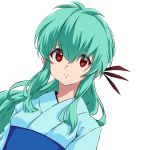  aqua_hair bangs eyebrows_visible_through_hair hair_between_eyes highres japanese_clothes kimono long_hair looking_at_viewer obi ponytail red_eyes sash sherumaru_(korcht06) sidelocks simple_background solo white_background yukata yukina_(yuu_yuu_hakusho) yuu_yuu_hakusho 