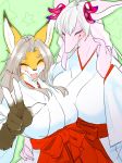  2girls dragon eyes_closed fox furry grey_hair japanese_clothes kame_(3t) long_hair looking_at_viewer miko multiple_girls smile 