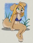  2018 anthro black_nose blonde_hair bottomless bra breasts canine cleavage clothed clothing dog female floppy_ears fur green_eyes hair long_hair mammal navel open_mouth partially_clothed paws reign-2004 sitting smile solo tan_fur teeth tongue underwear 