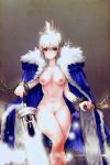  ahoge areolae artoria_pendragon_(all) bangs blonde_hair bloom blue_cloak blue_eyes blush braid breasts breasts_apart chain chained chained_wrists cleft_of_venus commentary_request crown crown_braid cuffs fate/stay_night fate_(series) feet_out_of_frame fur-trimmed_cloak fur_collar fur_trim furrowed_eyebrows highres hiko_(4486aa) holding holding_sword holding_weapon korean_commentary light_frown looking_at_viewer naked_cloak navel nipples pubic_stubble pussy saber short_hair solo sword thick_thighs thighs weapon wide_hips 