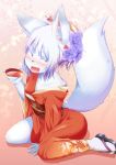  blue_eyes cup flower fox furry hair_flower hair_ornament japanese_clothes kimono multicolored_hair open_mouth peruri1 purple_hair sakazuki sandals short_hair sitting stocking two-tone_hair white_hair 