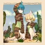  animal_ears ballpoint_pen_(medium) bare_legs barefoot between_legs blonde_hair blue_hair cactus cat_ears cat_tail cerulean_(kemono_friends) commentary_request cosplay dirty_feet elbow_gloves gloves green_eyes hand_between_legs highres hood hood_down hoodie kemono_friends kneeling knees_up long_sleeves multicolored_hair multiple_girls no_shoes sand_cat_(kemono_friends) short_hair sitting sleeves_past_wrists snake_tail tail toosk traditional_media tsuchinoko_(kemono_friends) tsuchinoko_(kemono_friends)_(cosplay) yellow_eyes 