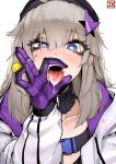  aa-12_(girls_frontline) bags_under_eyes bangs between_fingers black_gloves black_hat blue_eyes blush buckle candy collarbone commentary_request detached_collar drawstring drooling eyebrows_visible_through_hair eyes_visible_through_hair fang fellatio_gesture food girls_frontline gloves hair_between_eyes hair_ornament half-closed_eye hand_up hat heart heart-shaped_pupils holding holding_food hood hood_down hooded_jacket j.k. jacket lollipop long_hair long_sleeves looking_at_viewer open_clothes open_jacket open_mouth oral_invitation orange_hair purple_gloves saliva shiny shiny_hair sidelocks signature simple_background solo star star_hair_ornament symbol-shaped_pupils tongue tongue_out upper_body white_background white_jacket zipper_pull_tab 