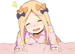  :d ^_^ abigail_williams_(fate/grand_order) bangs bed_sheet black_bow blush bow closed_eyes collarbone collared_shirt commentary_request eyebrows_visible_through_hair facing_viewer fate/grand_order fate_(series) forehead hair_bow head_tilt highres long_hair long_sleeves mitchi nose_blush notice_lines open_mouth orange_bow pajamas parted_bangs pink_pajamas pink_shirt polka_dot polka_dot_bow print_pajamas print_shirt shirt simple_background sleeves_past_wrists smile solo star star_print white_background 