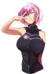  absurdres bare_shoulders blush breasts collar commentary_request fate/grand_order fate_(series) fujitsubo_(hujitubo0731) gloves grin hair_between_eyes highres large_breasts lavender_hair looking_at_viewer mash_kyrielight metal_collar one_eye_closed plackart purple_eyes purple_gloves short_hair simple_background smile solo v v_over_eye white_background 