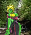  anthro avencri cela clothed clothing crocodile crocodilian detailed_background forest reptile scalie showing_leg solo tree water 