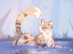  2018 anthro blush bottomless breasts butt clothed clothing electrycpynk feline female fur leopard lying mammal mostly_nude on_front partially_submerged pink_eyes soft_shading solo water 