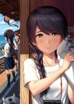  admiral_(kantai_collection) ayanami_(kantai_collection) bag beach bent_over black_hair blue_sky braid brown_eyes brown_hair camera cloud commentary d: day enemy_lifebuoy_(kantai_collection) hair_over_shoulder hand_on_another's_face hidden_face highres horizon ichikawa_feesu isonami_(kantai_collection) kantai_collection light_bulb long_hair looking_at_viewer multiple_girls ocean open_mouth out_of_frame outdoors ponytail pov pov_hands profile railroad_tracks school_uniform serafuku shikinami_(kantai_collection) shirt short_hair side_ponytail single_braid sky solo_focus train_station train_station_platform upper_body uranami_(kantai_collection) wall_slam white_shirt 